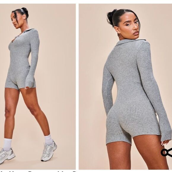 Prettylittlethings Charcoal Soft Rib Long Sleeve Button Romper SZ 10 NWT IN PKG - Picture 1 of 5